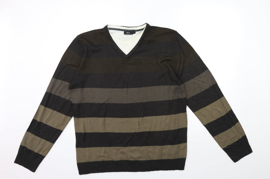 F&F Mens Brown Striped Knit Pullover Jumper Size L