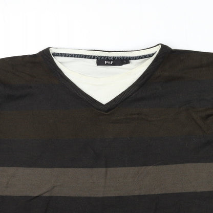 F&F Mens Brown Striped Knit Pullover Jumper Size L