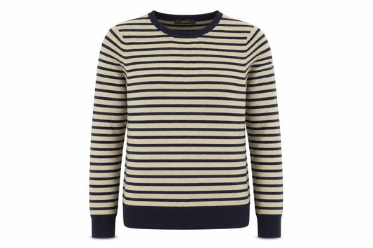 Front view of Savoir women’s beige striped knit jumper, size UK 10