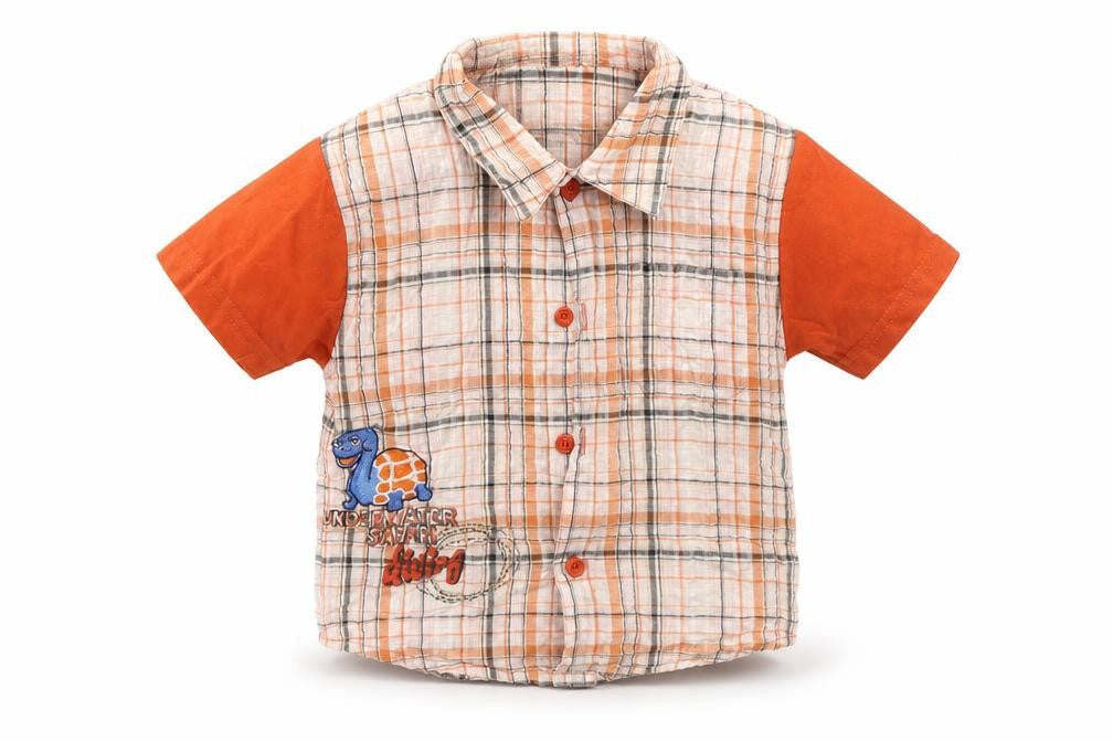 Twinnies Baby Orange Check  Basic Button-Up Size 12-18 Months  - Safari Animals