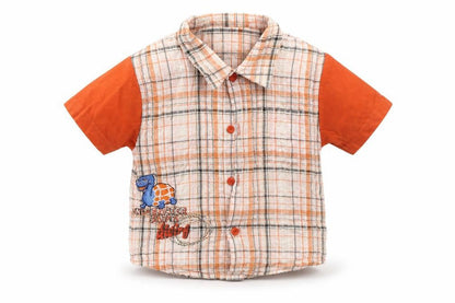 Twinnies Baby Orange Check  Basic Button-Up Size 12-18 Months  - Safari Animals