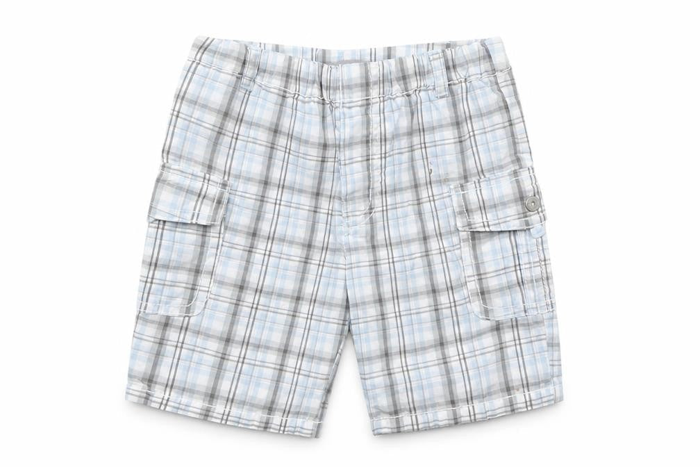 Front view of Boboli Baby Blue Check Cropped Trousers, size 12, Months - Shorts
