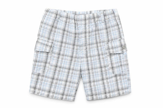 Front view of Boboli Baby Blue Check Cropped Trousers, size 12, Months - Shorts