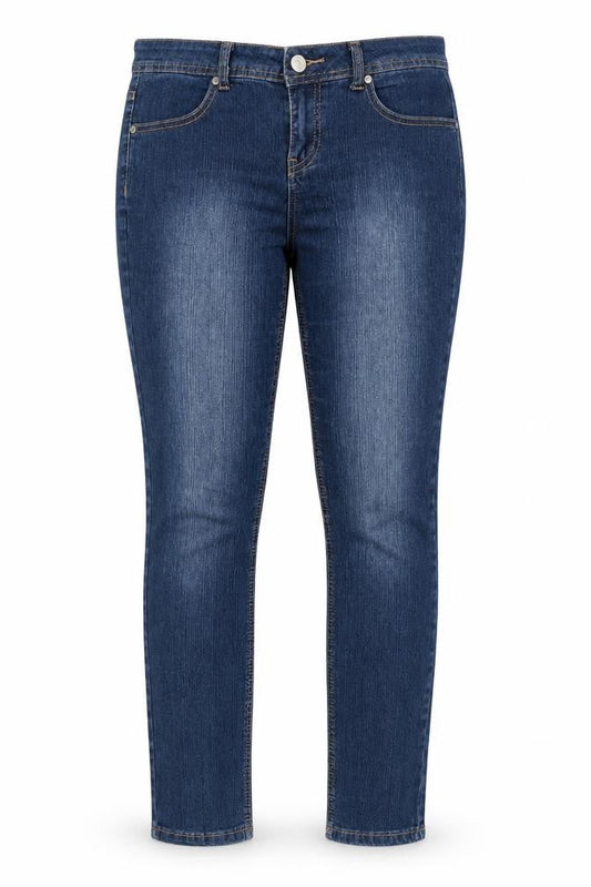 Front view of Denim 24/7 women’s blue denim skinny jeans, size UK 10, 26-inch leg