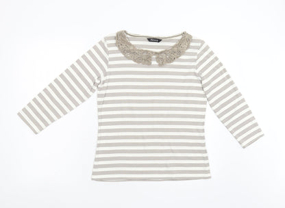 Alexara Womens Brown Striped  Basic T-Shirt Size 14