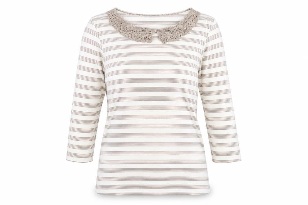 Front view of Alexara women’s brown striped basic t-shirt, size UK 14