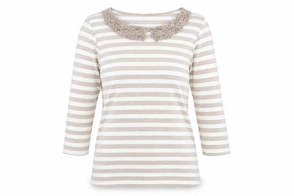Front view of Alexara women’s brown striped basic t-shirt, size UK 14