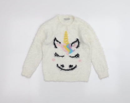 Matalan Girls White   Pullover Jumper Size 8 Years  - Unicorn