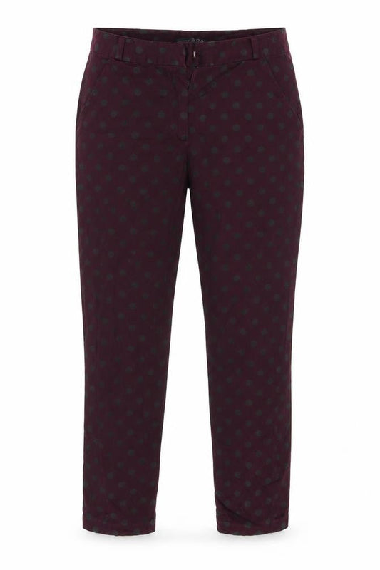 Front view of Atmosphere women’s purple polka dot chino trousers, size UK 6, 25-inch leg
