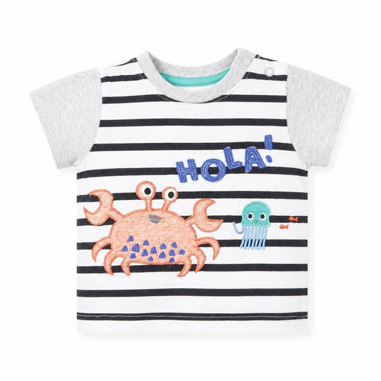 Front view of Nutmeg Baby White Striped Basic T-Shirt, size 3-6, Months