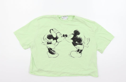Bershka Girls Green  Jersey Basic T-Shirt Size XS  - Mickey and Minnie