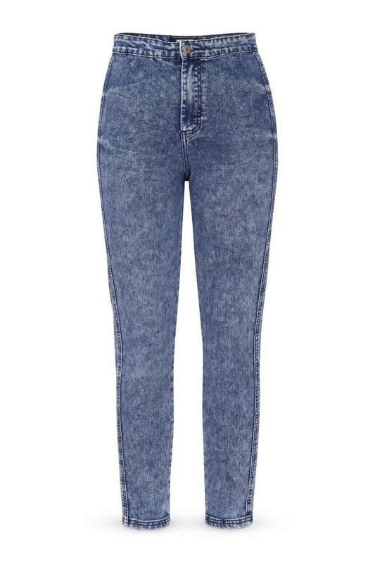 Front view of Missguided women’s blue denim skinny jeans, size UK 8, 33-inch leg