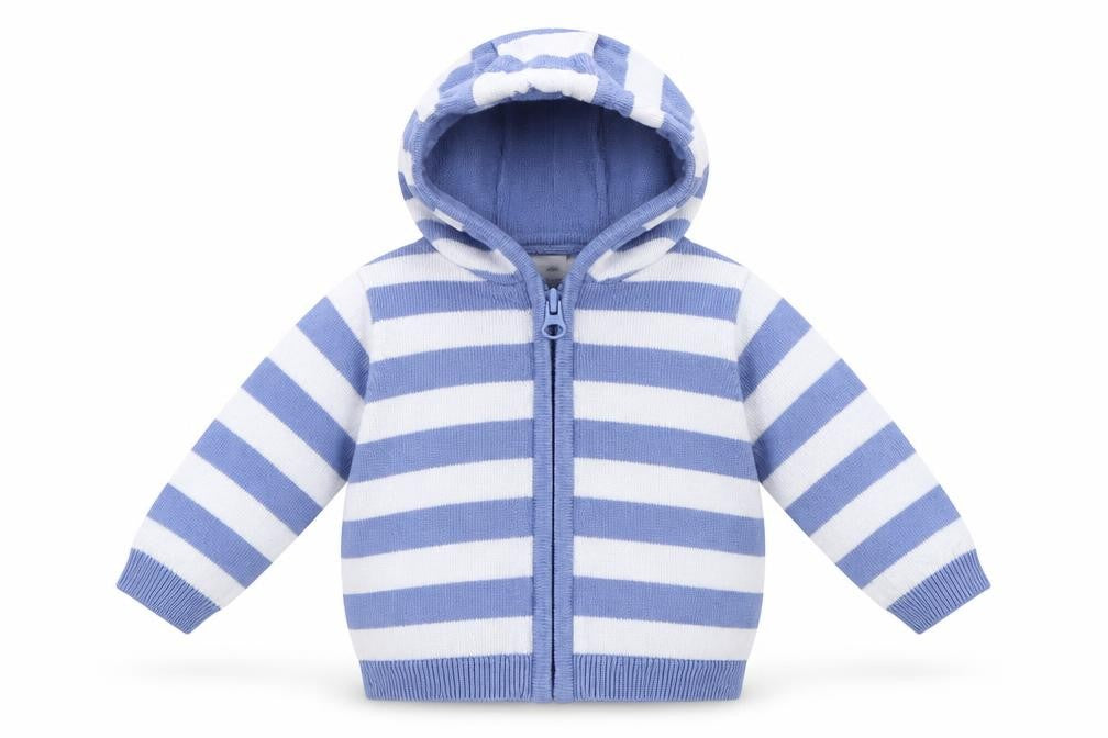 Front view of Mini Club boys’ blue striped full zip jumper, size 0-3, months