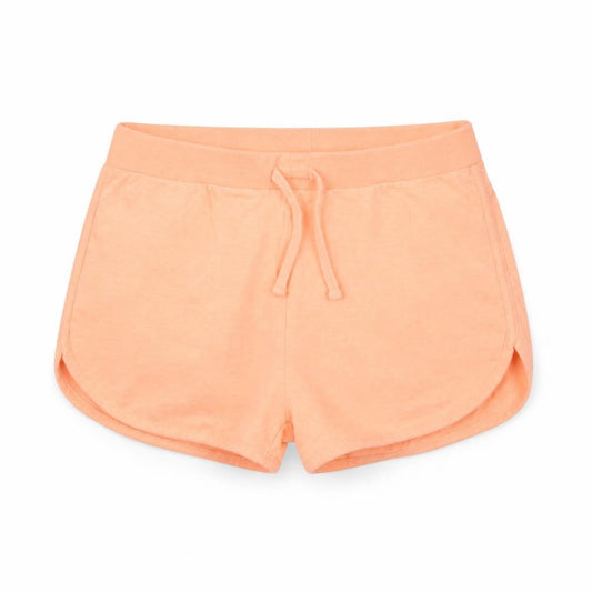 Front view of Miss evie girls’ orange cut-off shorts, size 9, years