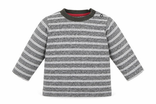 Front view of Nutmeg Baby Grey Striped Basic T-Shirt, size 6-9, Months