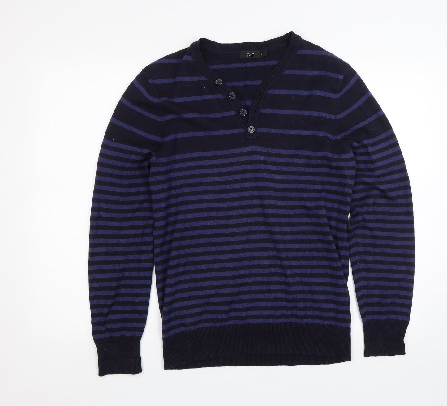 F&F Mens Blue Striped  Pullover Jumper Size S