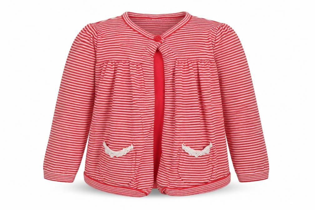 Front view of F&F girls’ red striped cardigan jumper, size 12-18, months