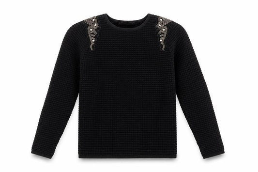 Front view of Sfera women’s black geometric jumper, size M, - beaded