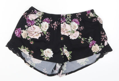 Primark Womens Black Floral  Hot Pants Shorts Size 10 - Purple Flowers Loungewear