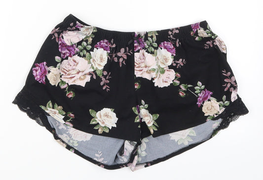 Primark Womens Black Floral  Hot Pants Shorts Size 10 - Purple Flowers Loungewear