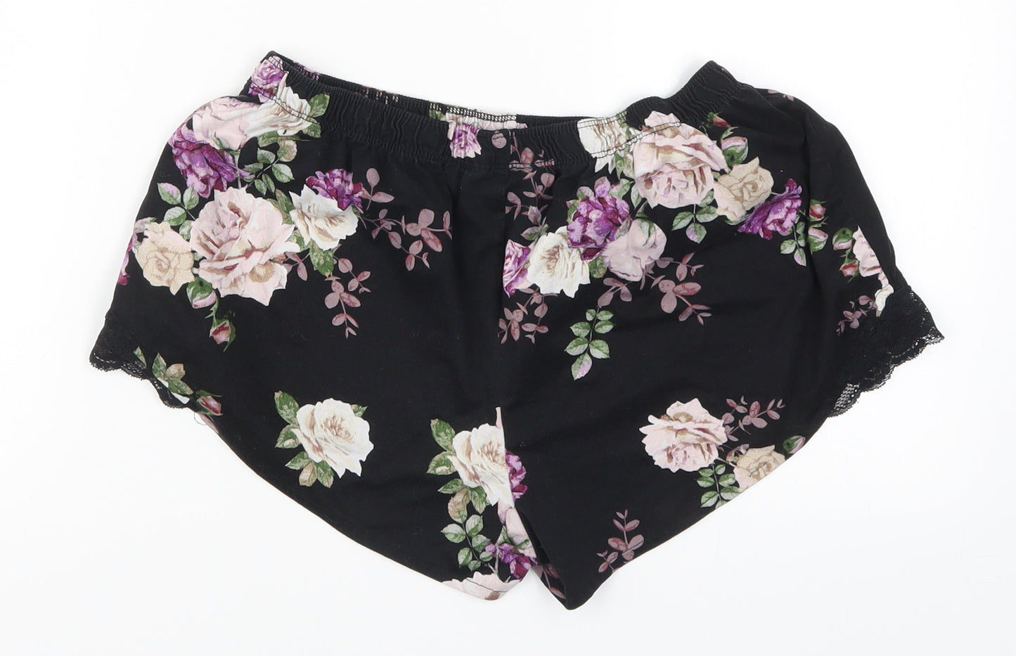 Primark Womens Black Floral  Hot Pants Shorts Size 10 - Purple Flowers Loungewear