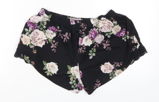 Primark Womens Black Floral  Hot Pants Shorts Size 10 - Purple Flowers Loungewear