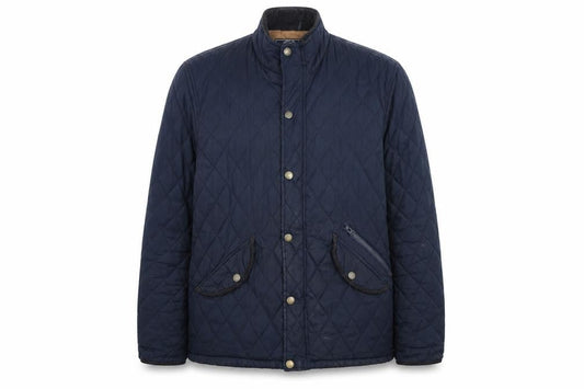 Front view of Easy women’s blue argyle/diamond pea coat coat, size M