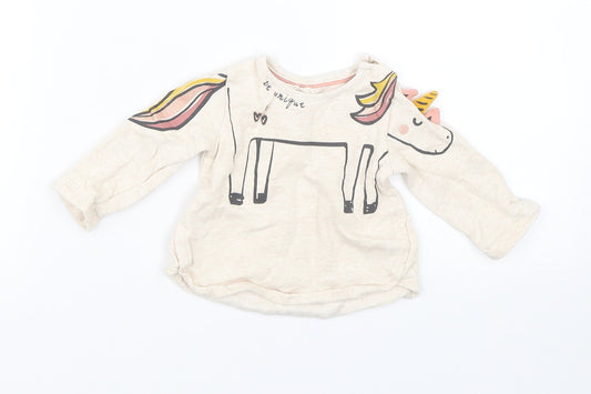 F&F Girls Beige   Basic T-Shirt Size 0-3 Months  - unicorn