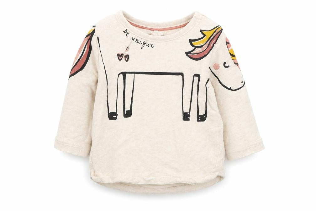 Front view of F&F girls’ beige basic t-shirt, size 0-3, months - unicorn