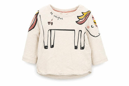Front view of F&F girls’ beige basic t-shirt, size 0-3, months - unicorn