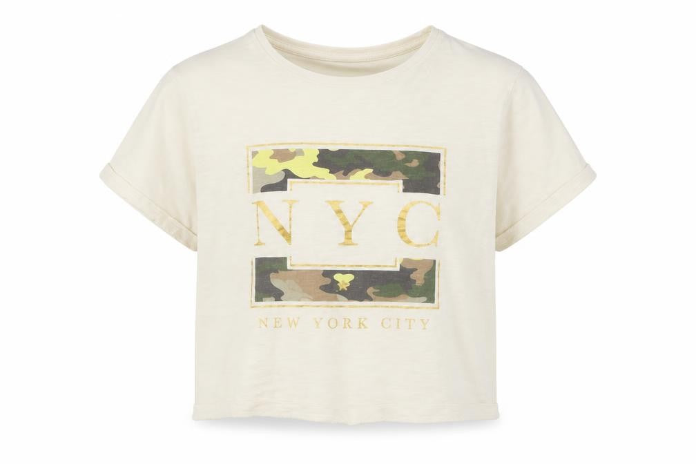 Front view of F&F girls’ beige cropped t-shirt, size 10, years - nyc