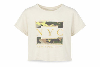 Front view of F&F girls’ beige cropped t-shirt, size 10, years - nyc