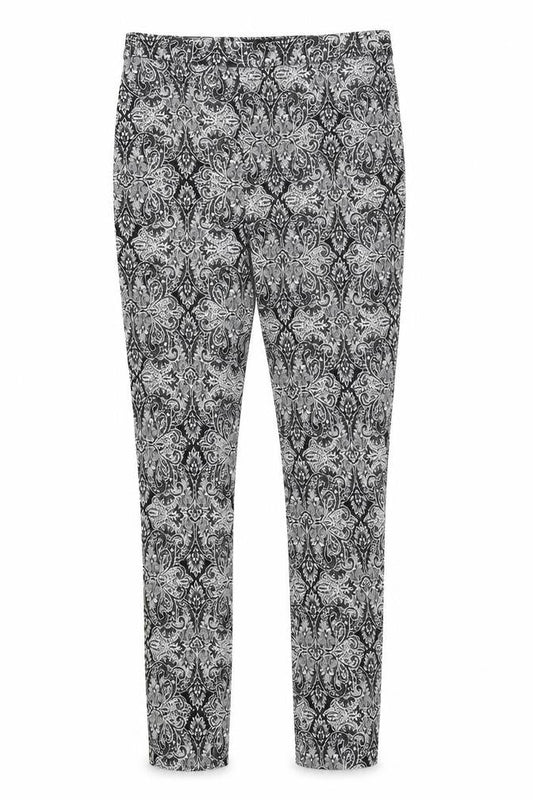 Front view of Atmosphere women’s black paisley trousers, size UK 6, 27.5-inch leg