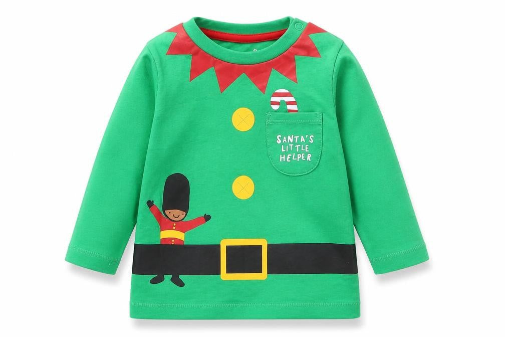 Front view of F&F Baby Green Basic T-Shirt, size 6-9, Months - Santa's Little Helper