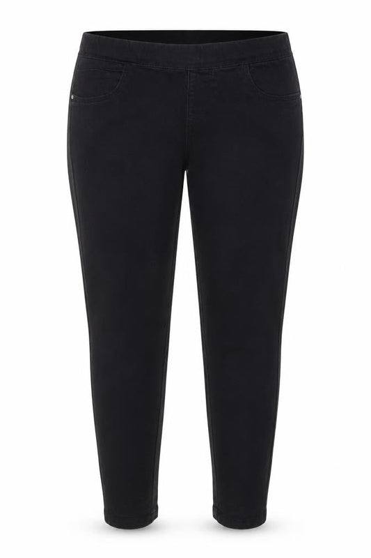 Front view of Denim & Co. women’s black denim tapered jeans, size UK 10, 27-inch leg