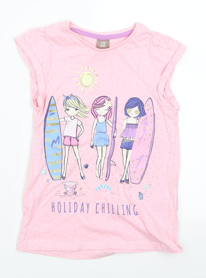 Little Kids Girls Pink   Basic T-Shirt Size 5-6 Years  - Holiday Chilling