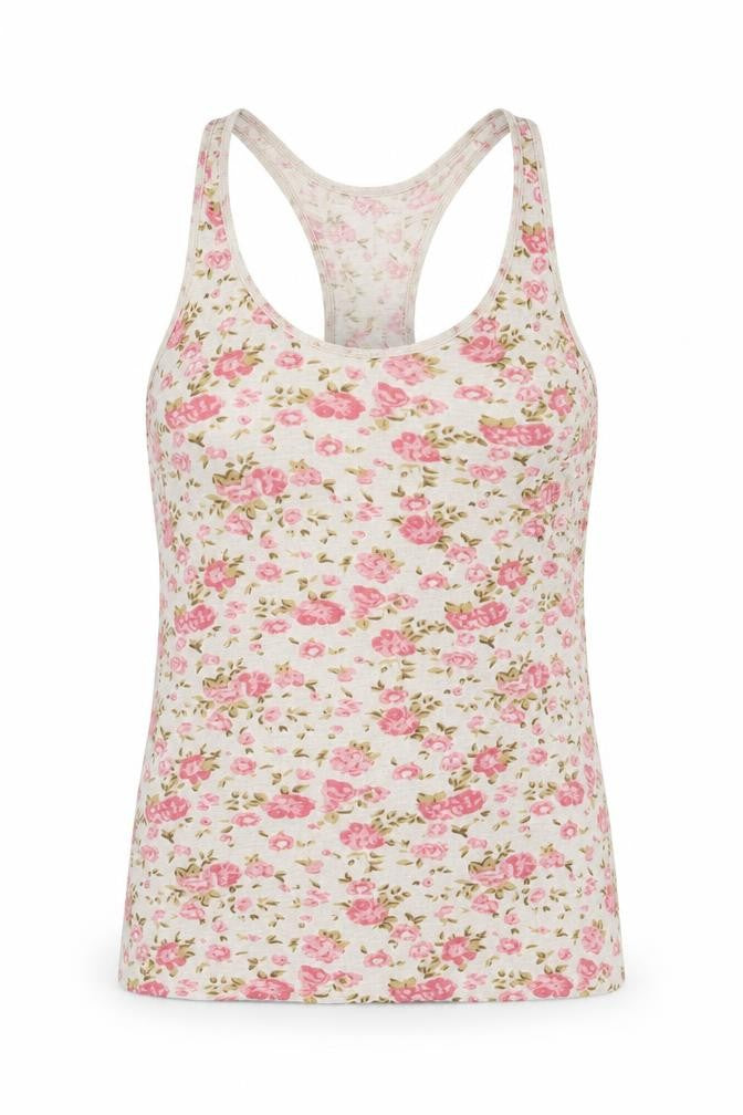Front view of Denim Co. women’s white floral basic tank, size UK 10