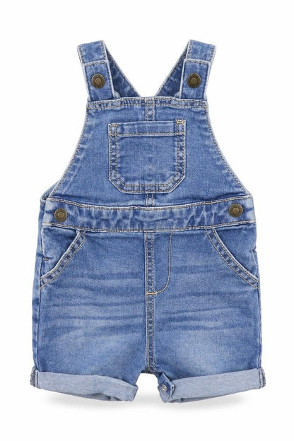 Front view of F&F boys’ blue denim dungaree one-piece, size 3-6, months