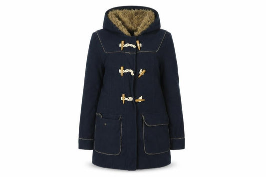 Front view of Internationale women’s blue parka coat, size UK 12