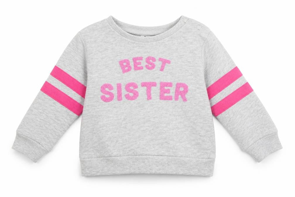 Front view of Very girls’ grey striped jersey jumper, size 9-12, months - best sister