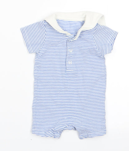 Front view of Marks boys’ blue striped romper one-piece - dolphin on back collar