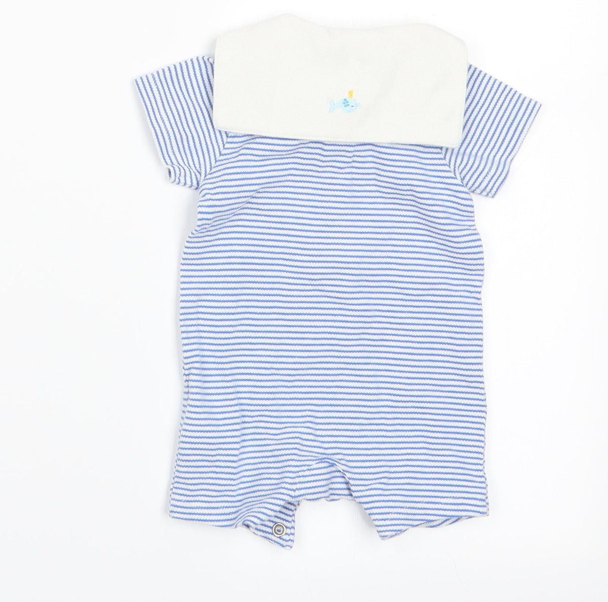 Back view of Marks boys’ blue striped romper one-piece - dolphin on back collar