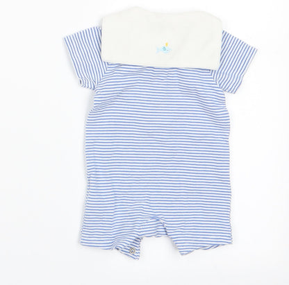 Back view of Marks boys’ blue striped romper one-piece - dolphin on back collar