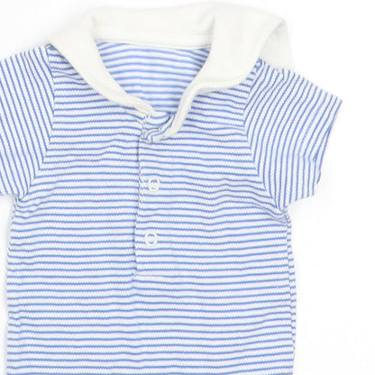Close-up detail of Marks boys’ blue striped romper one-piece - dolphin on back collar