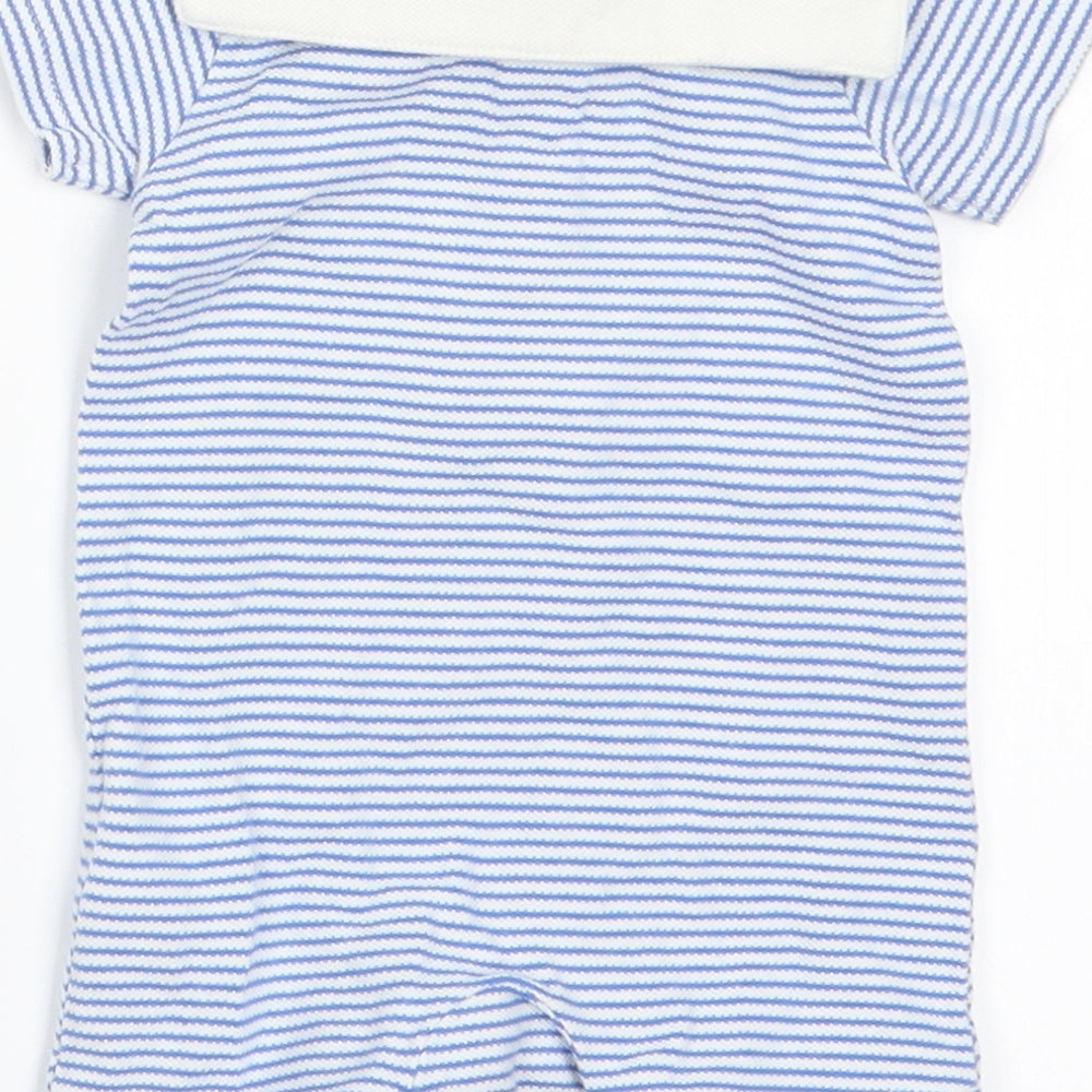 Brand and care label for Marks boys’ blue striped romper one-piece - dolphin on back collar