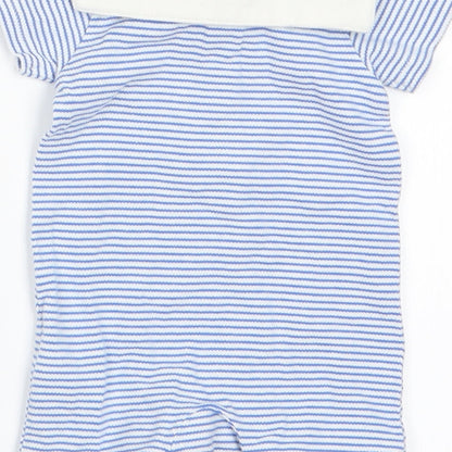 Brand and care label for Marks boys’ blue striped romper one-piece - dolphin on back collar
