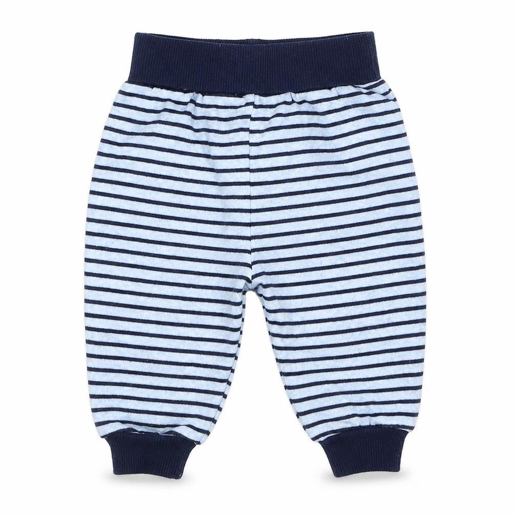 Front view of Early Days boys’ blue striped sweatpants, size 3-6, months