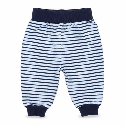 Front view of Early Days boys’ blue striped sweatpants, size 3-6, months