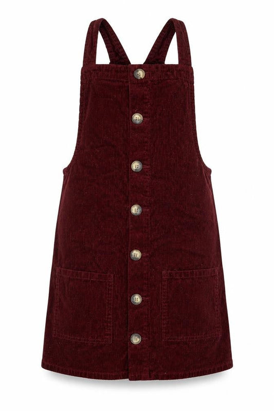 Front view of Denim Co. women’s red velvet pinafore/dungaree dress, size UK 6