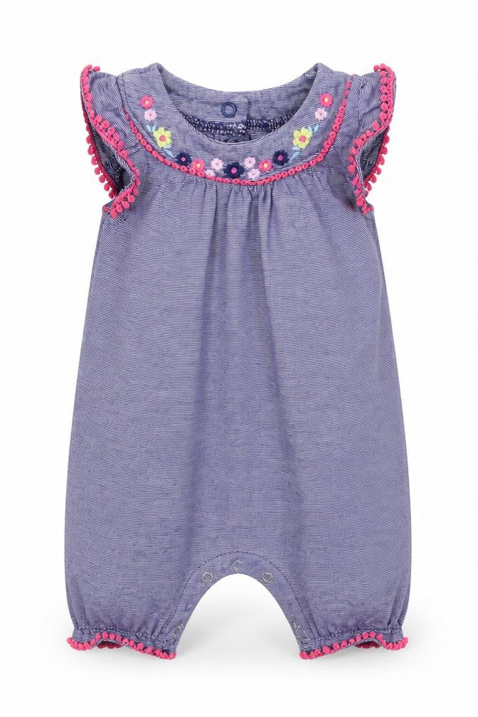 Front view of F&F girls’ blue striped babygrow one-piece, size 3-6, months